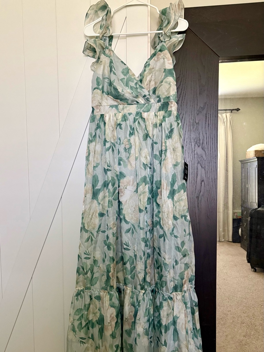 Lulu's Sage and Cream Floral Ruffle Strap Maxi Dress